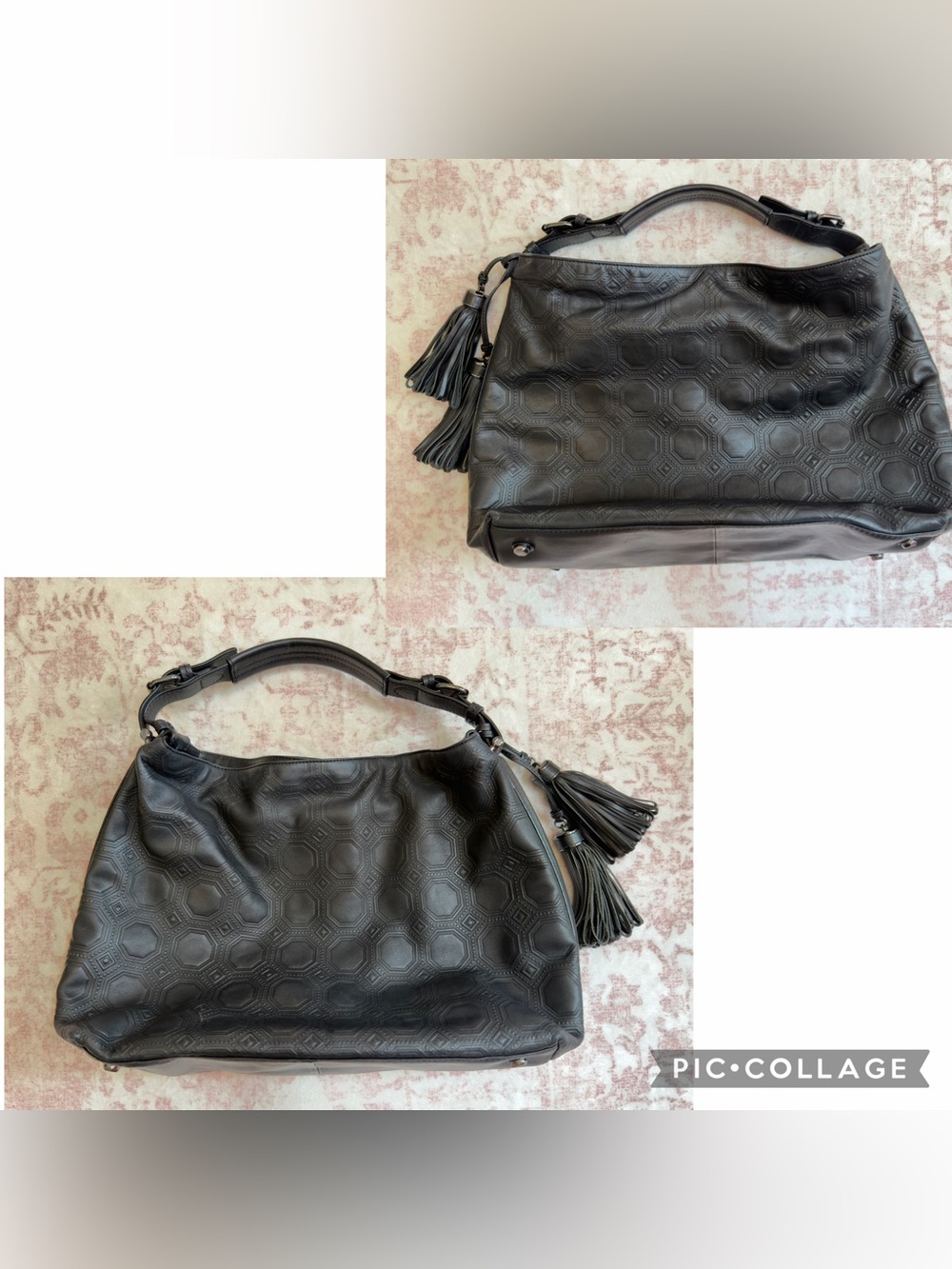 Vince Camuto Signature Black Embossed Leather Hobo Bag with Removable Tassels - Picture 5 of 11